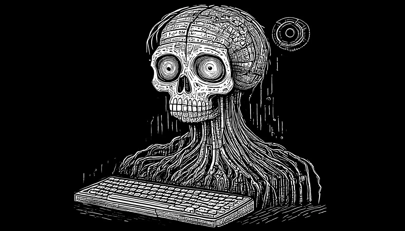 Sketch of a fried brain connected with wires into a keyboard