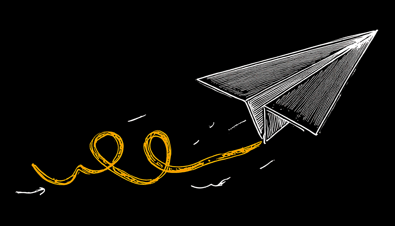 Sketch of a paper airplane with a ribbon flying through the air