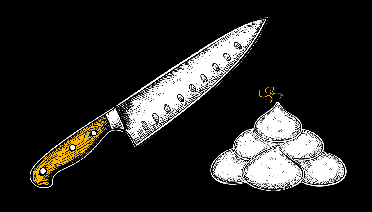 Sketch of a chef's knife cutting a pile of animal shit