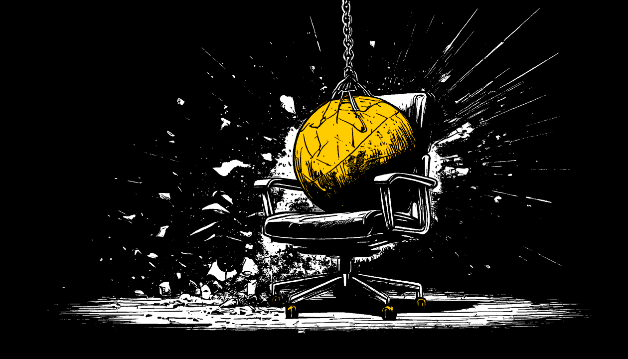 Sketch of an office chair with a wrecking ball hitting it