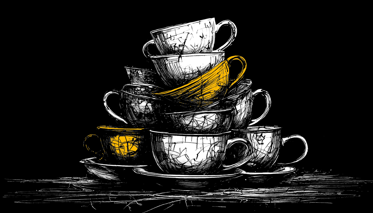 Sketch of precariously stacked teacups
